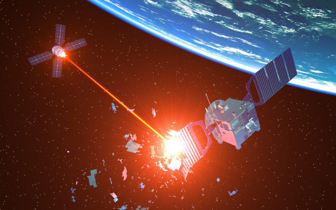 Military Spaceship Shoots Down An Enemy Satellite With A Laser Beam